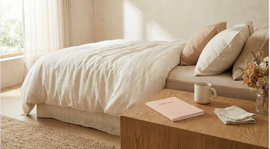 Daily wellness journal on a nightstand in a bedroom with a cup of coffee